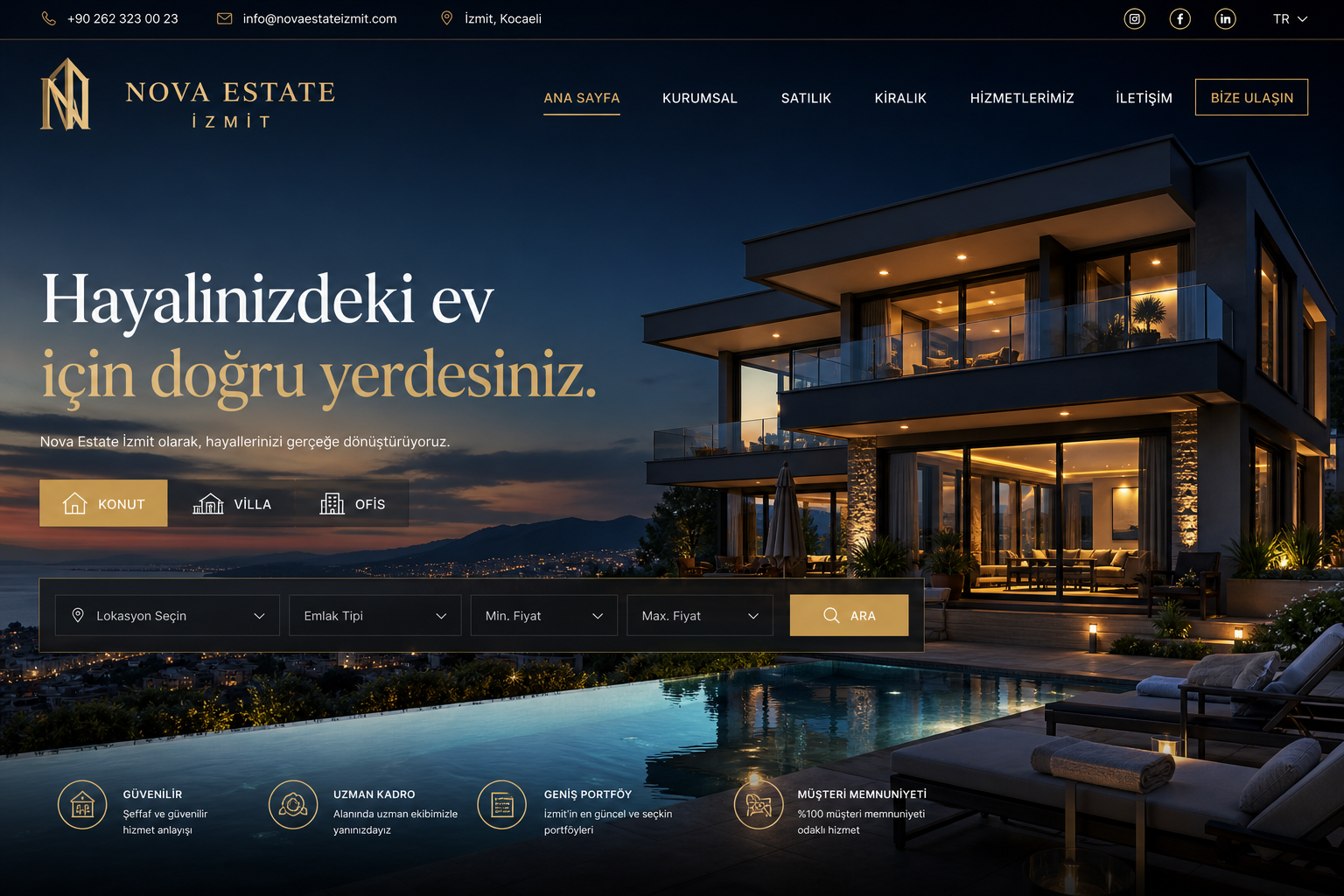 Nova Estate İzmit web sitesi ekran görüntüsü